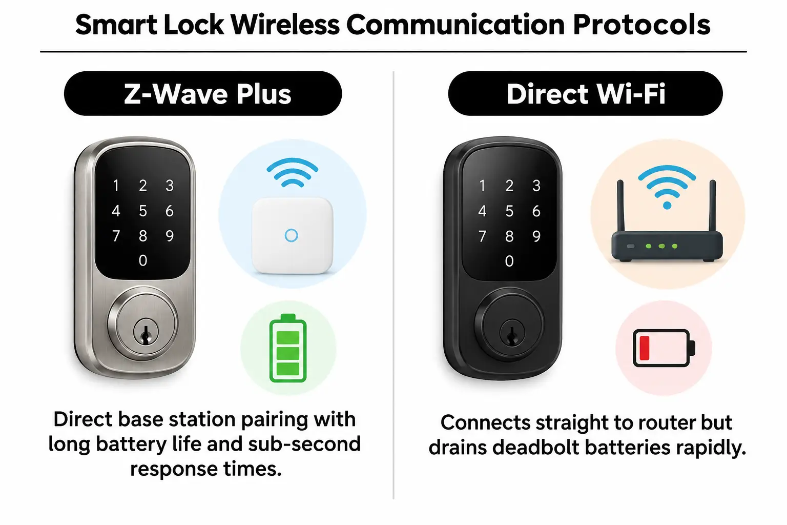 Comparing wireless transmission protocols used for smart locks on alarm systems.