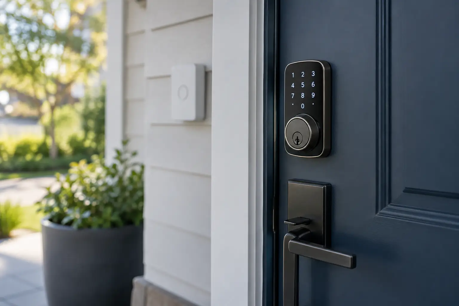 Smart deadbolt installed on a modern front entryway showing keypad and secure strike plate alignment.