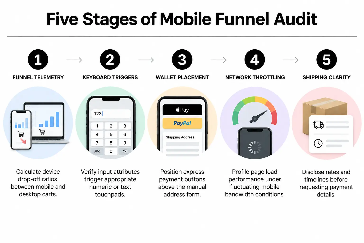 Ordered steps for auditing and eliminating mobile checkout drop-off points.