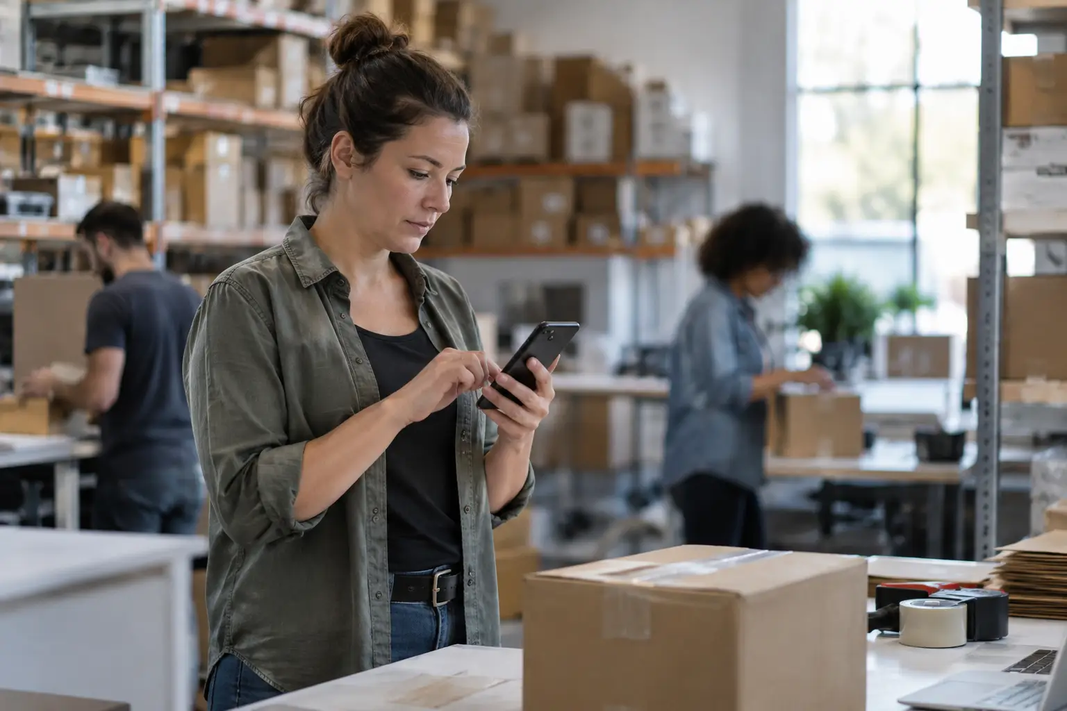 An e-commerce operations manager reviews live Shopify checkout steps on a smartphone inside a fulfillment center.