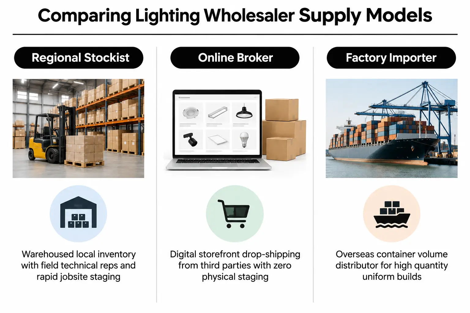 Comparing Lighting Wholesaler Supply Models Comparison of regional stocking distributors, online brokers, and direct factory importers for commercial projects.