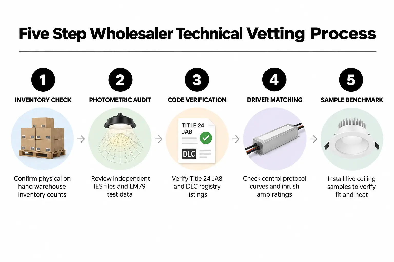 Five Step Wholesaler Technical Vetting Process Ordered five step workflow diagram for vetting commercial LED lighting distributor technical capabilities.