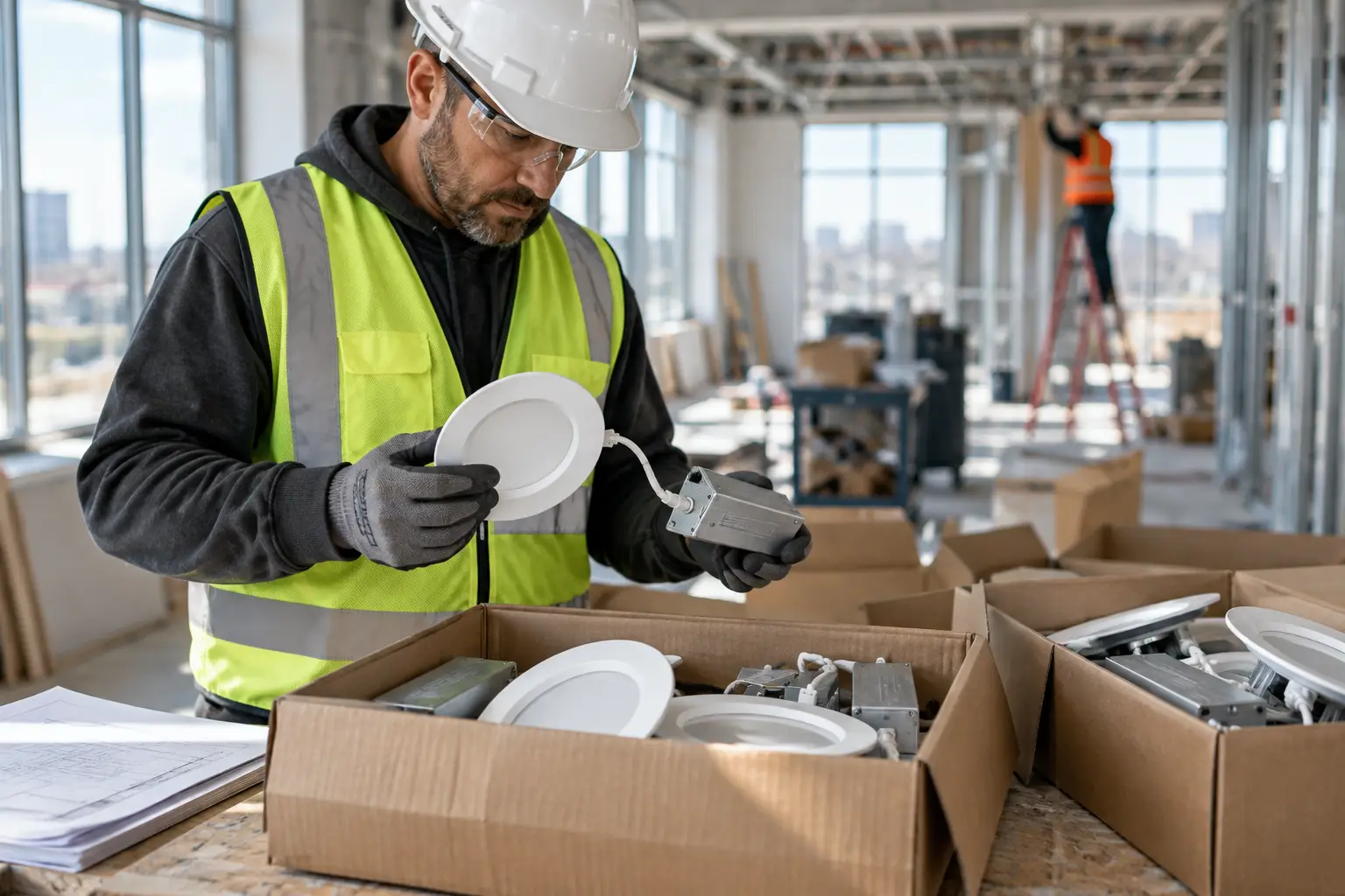 Commercial LED Inspection and Testing Bench Commercial contractor auditing bulk LED recessed light engines and driver boxes on a project site table.