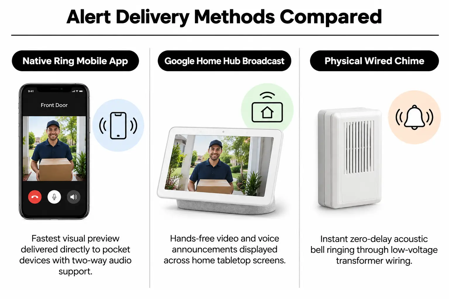 Comparison graphic illustrating delivery speed and reliability differences between mobile apps and chimes.