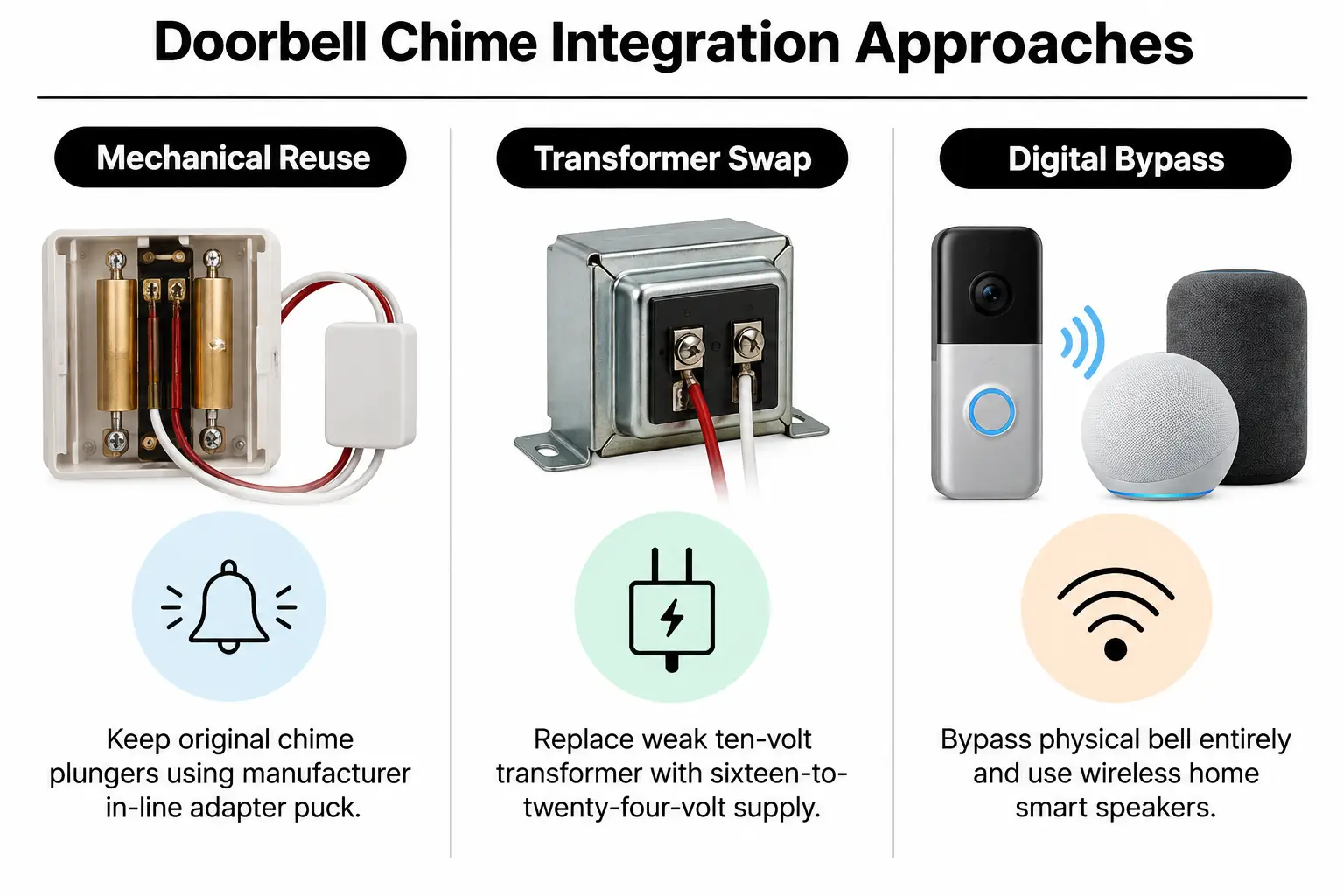Graphic comparing mechanical chime reuse versus transformer upgrades and bypasses.