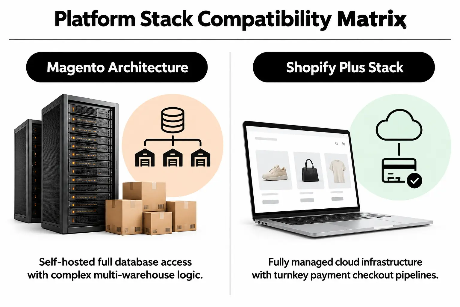 Comparison of ecosystem integration models between Magento and Shopify Plus.
