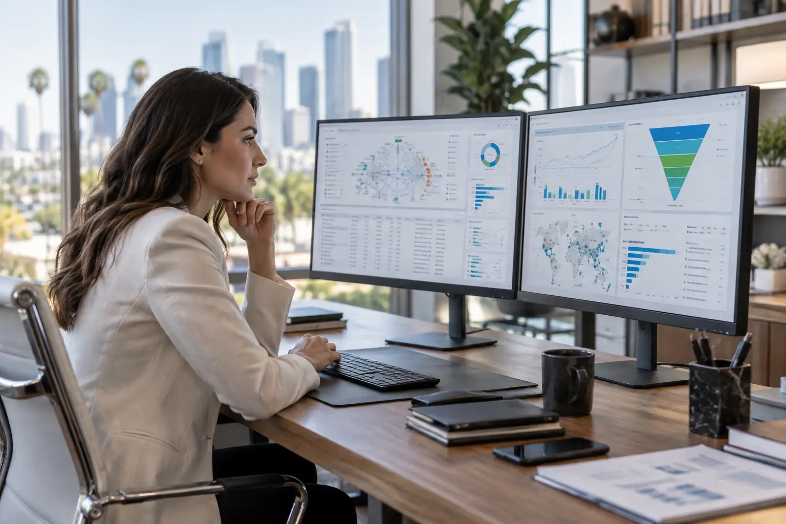 Retail executive analyzing digital commerce analytics and backend server health metrics on dual monitors.