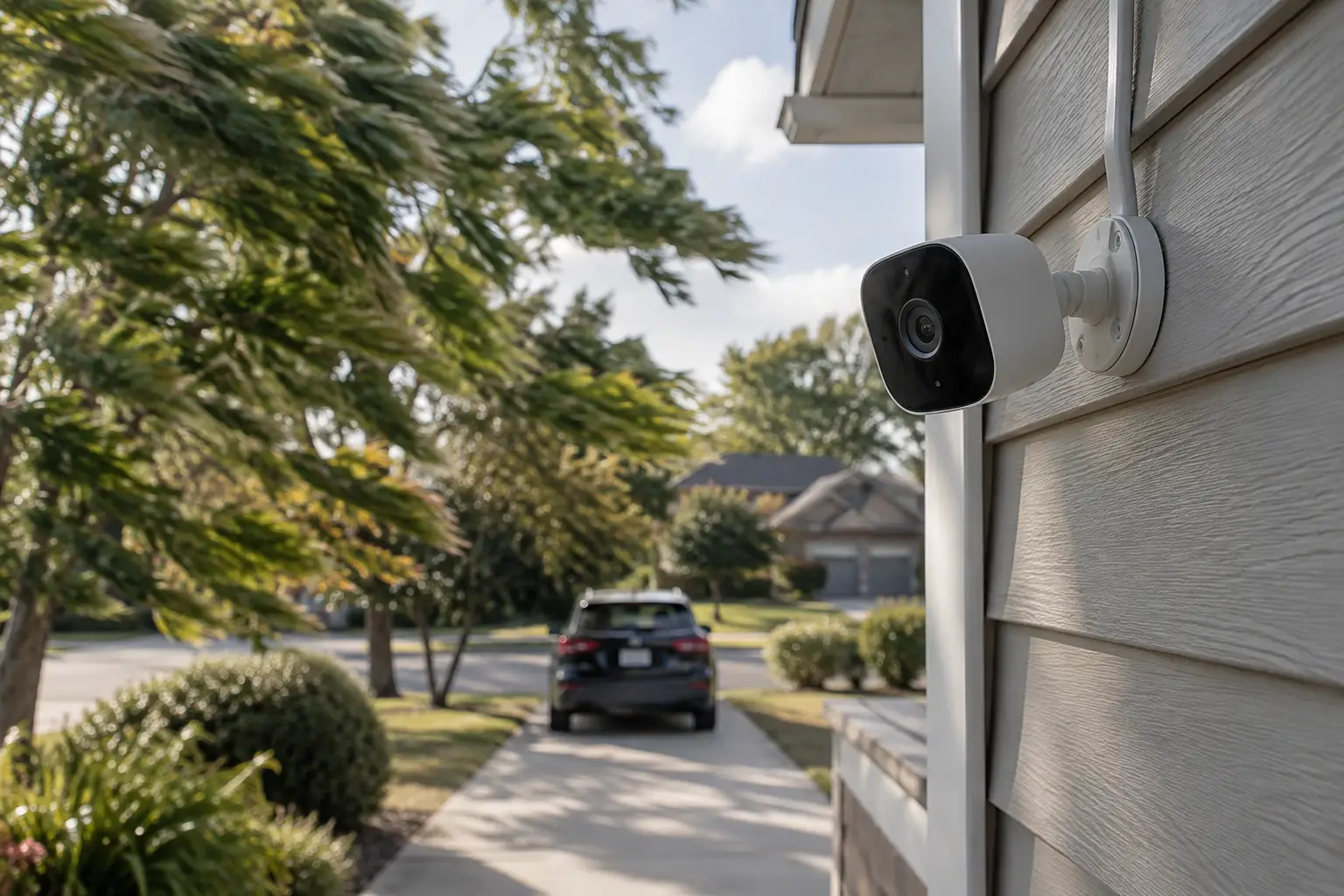 Smart security camera overlooking a residential driveway filtering out windblown tree branches.