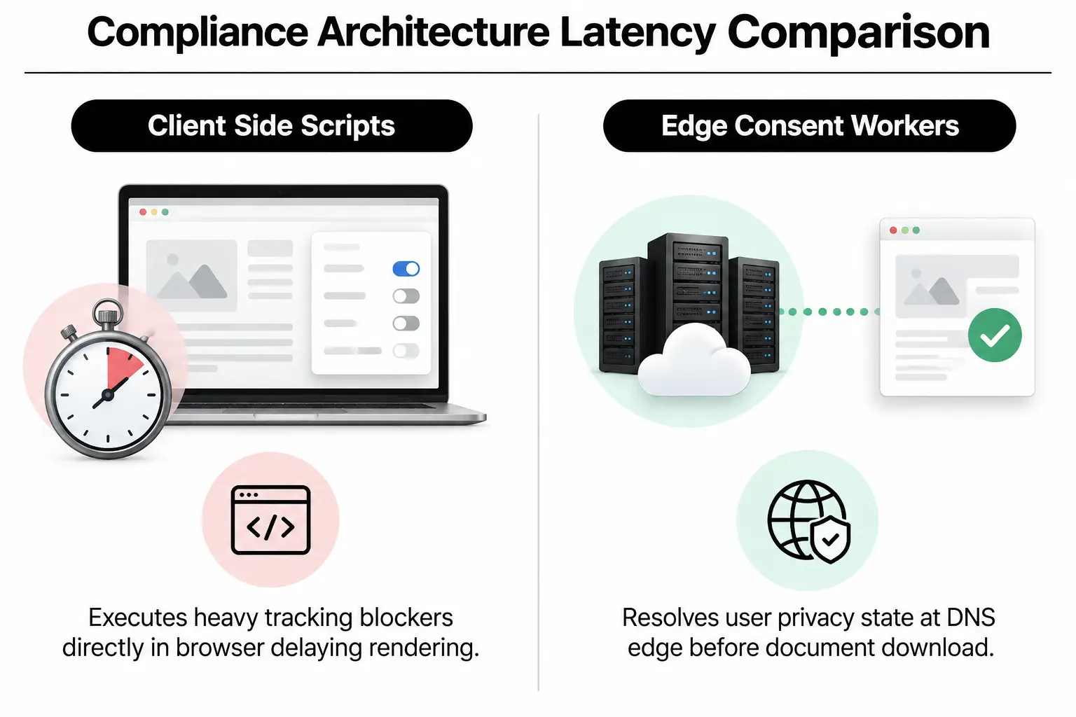 Compliance Architecture Latency Comparison Comparison between client-side consent scripts and server-side edge worker verification for CCPA compliance.