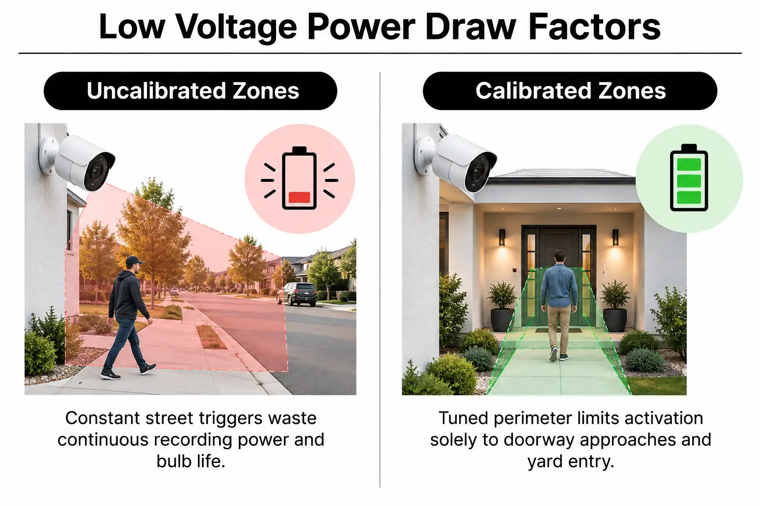 Comparison of high-draw versus low-draw configurations in a residential security setup.