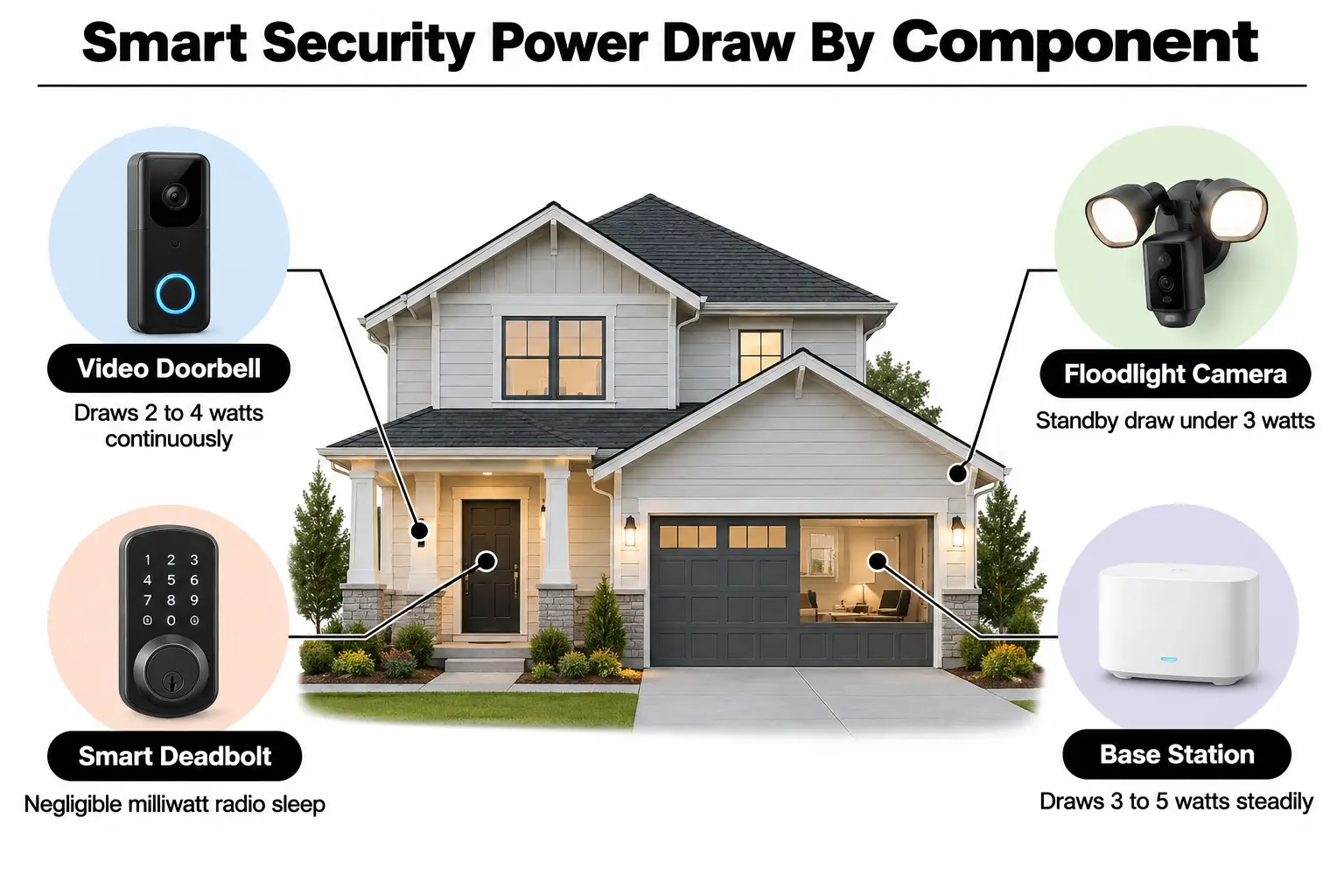 Diagram showing typical monthly wattage breakdown of smart doorbells, cameras, alarm bases, and smart locks.