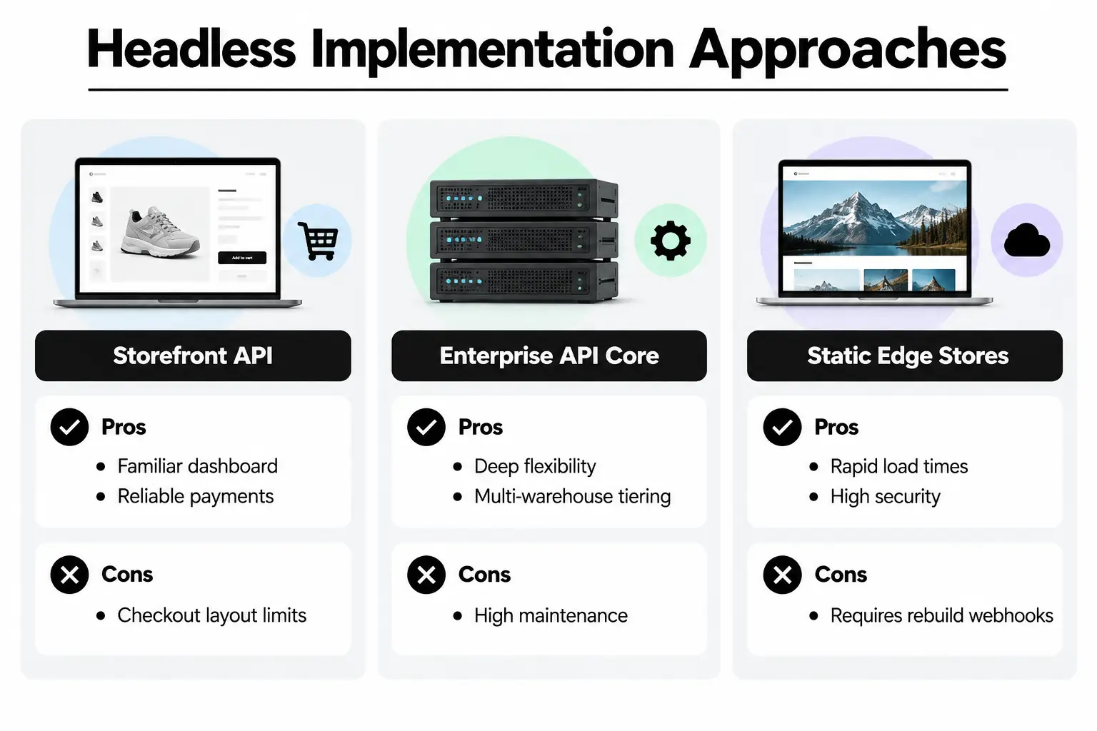 Headless Implementation Approaches Pros and cons of different headless commerce implementation options.