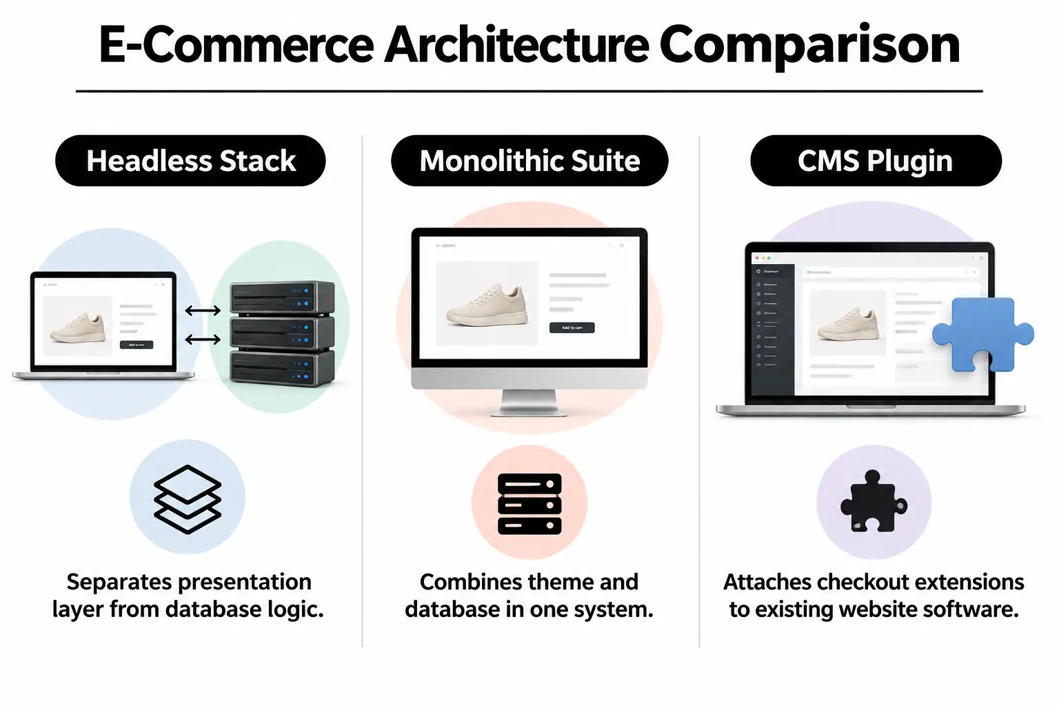 E-Commerce Architecture Comparison Comparison of headless storefronts, monolithic platforms, and plugin setups.