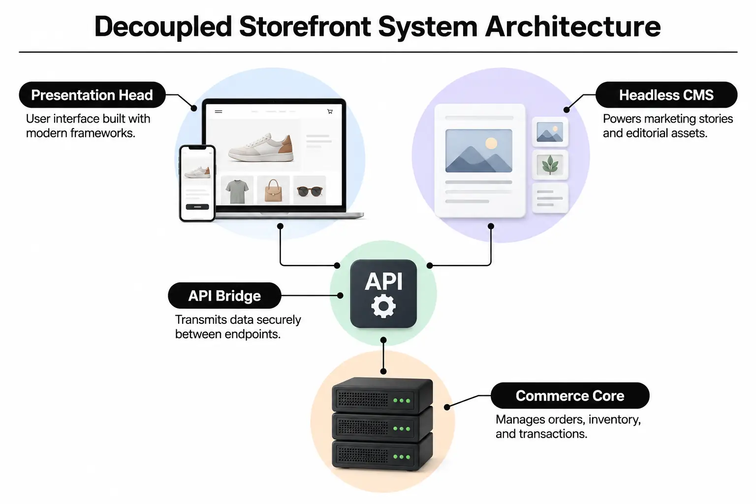 Decoupled Storefront System Architecture Diagram showing the presentation head, API communication layer, and backend commerce engine.