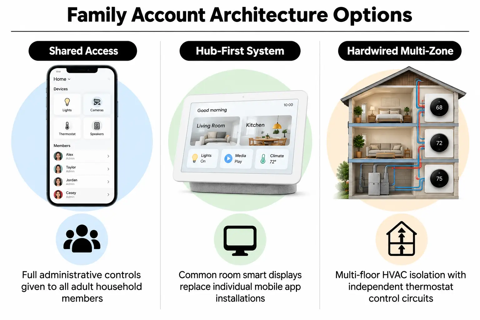 Graphic comparing shared access, hub-first, and multi-tier zoning structures for family homes.