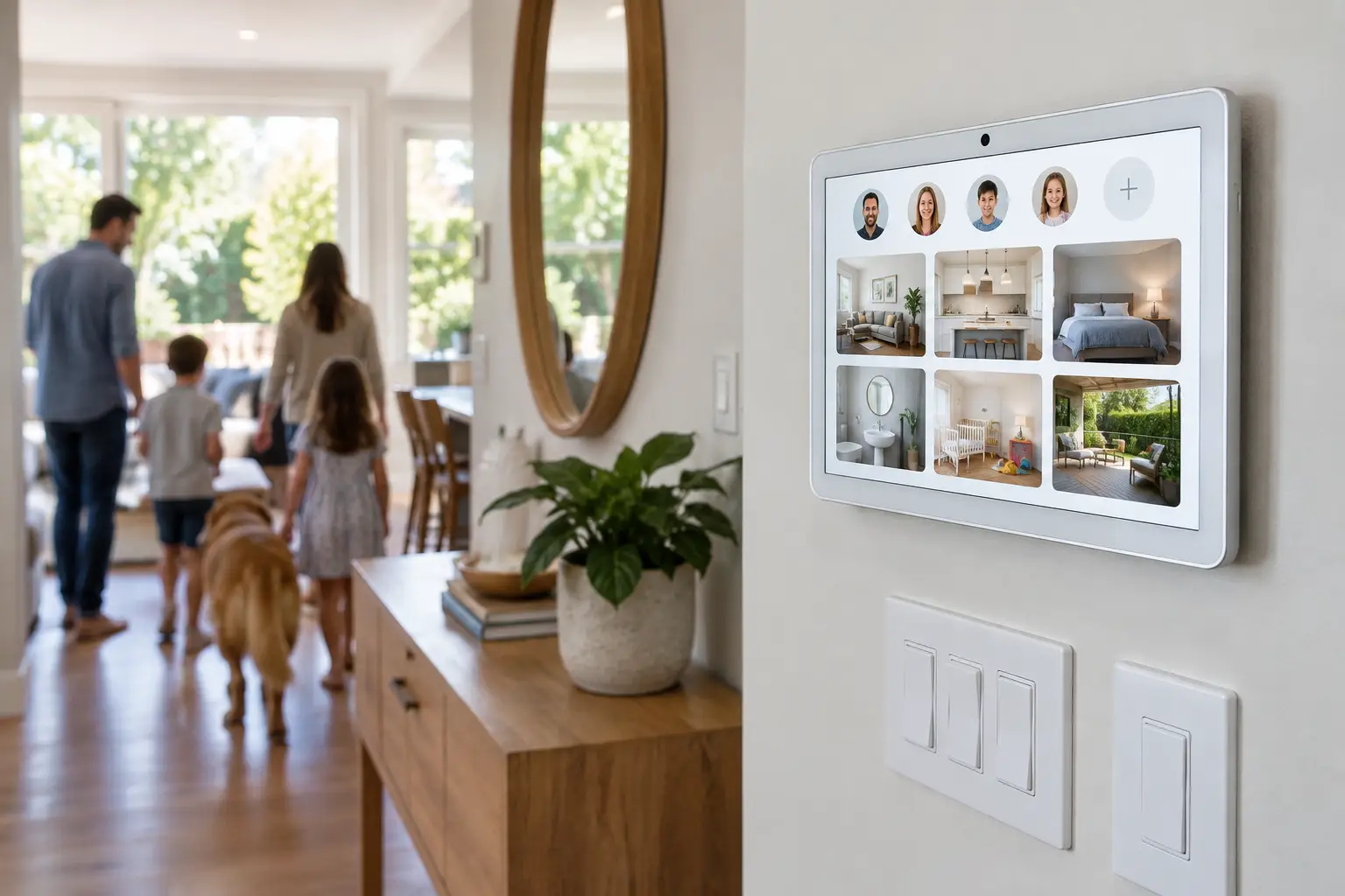A smart home control tablet displaying separated user roles and room zones on a kitchen counter.