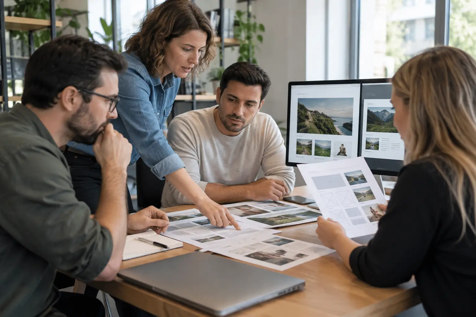 A marketing team reviewing historical web pages on a screen to preserve search rankings during a site redesign.