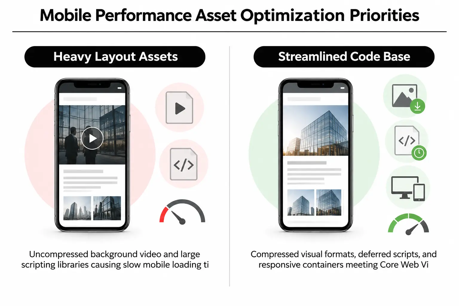 Comparison of unoptimized vs optimized mobile assets for Core Web Vitals compliance.