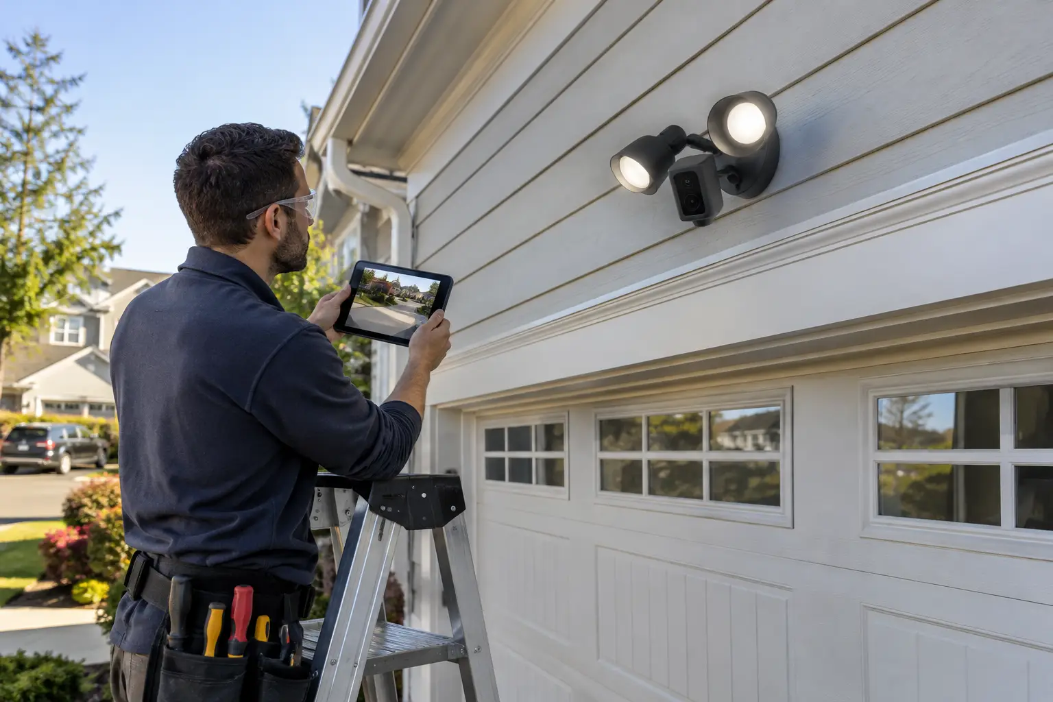 Driveway surveillance camera mounted above garage doors showing coverage path to the street curb.