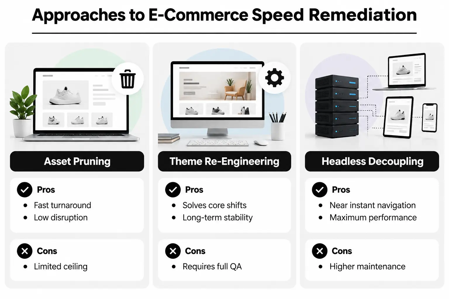 Approaches to E-Commerce Speed Remediation Pros and cons comparison of speed remediation approaches for online retail platforms.