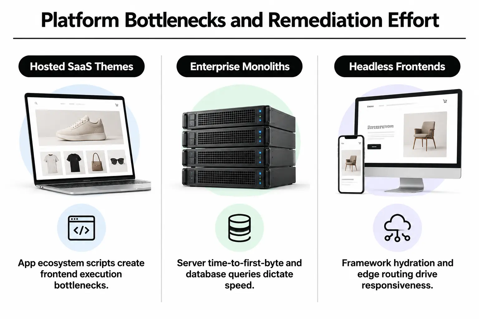 Platform Bottlenecks and Remediation Effort Comparison of platform architectures showing primary bottlenecks and required engineering effort.