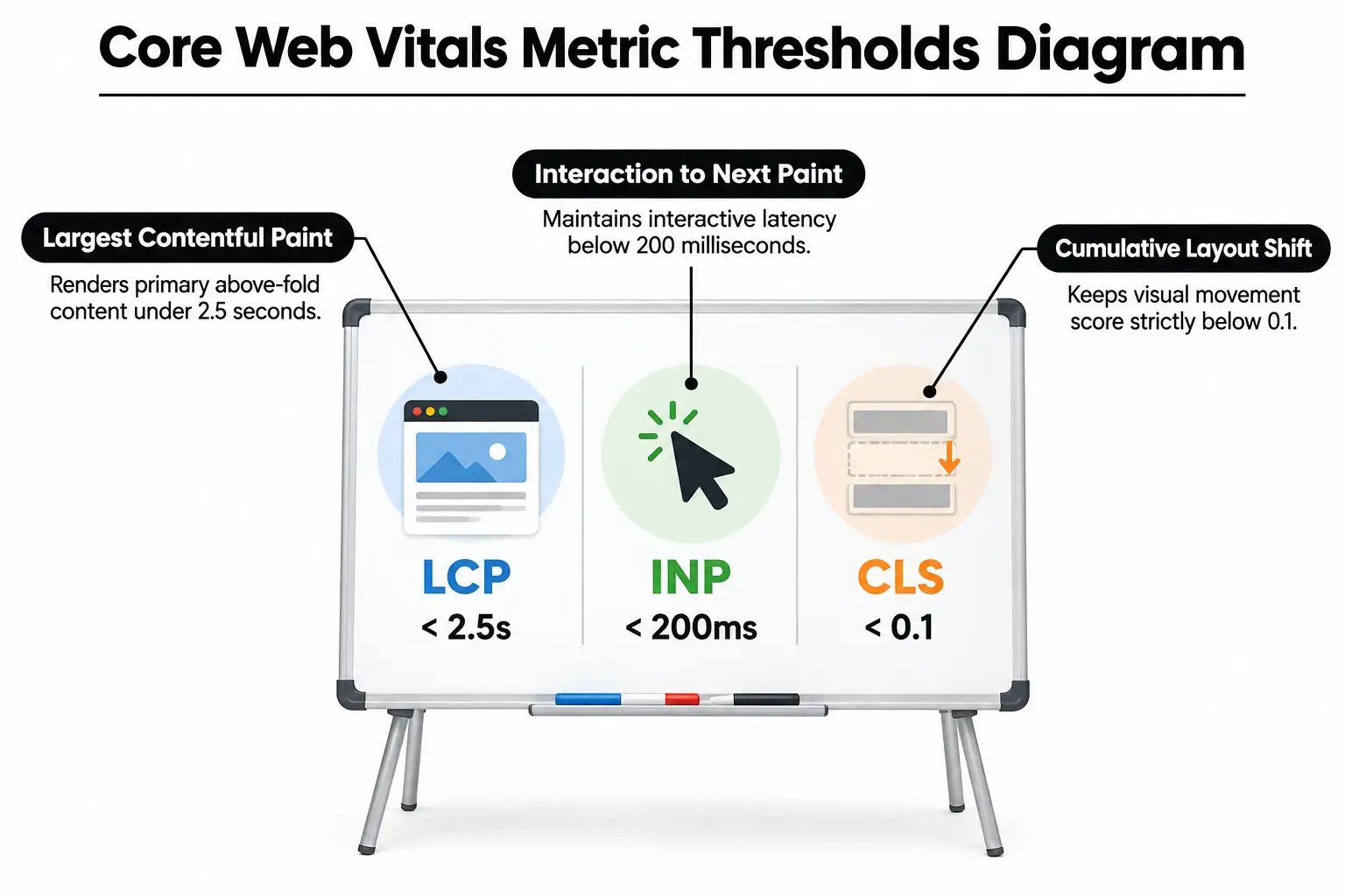 Core Web Vitals Metric Thresholds Diagram Diagram showing the three Core Web Vitals metrics including LCP, INP, and CLS with target thresholds.