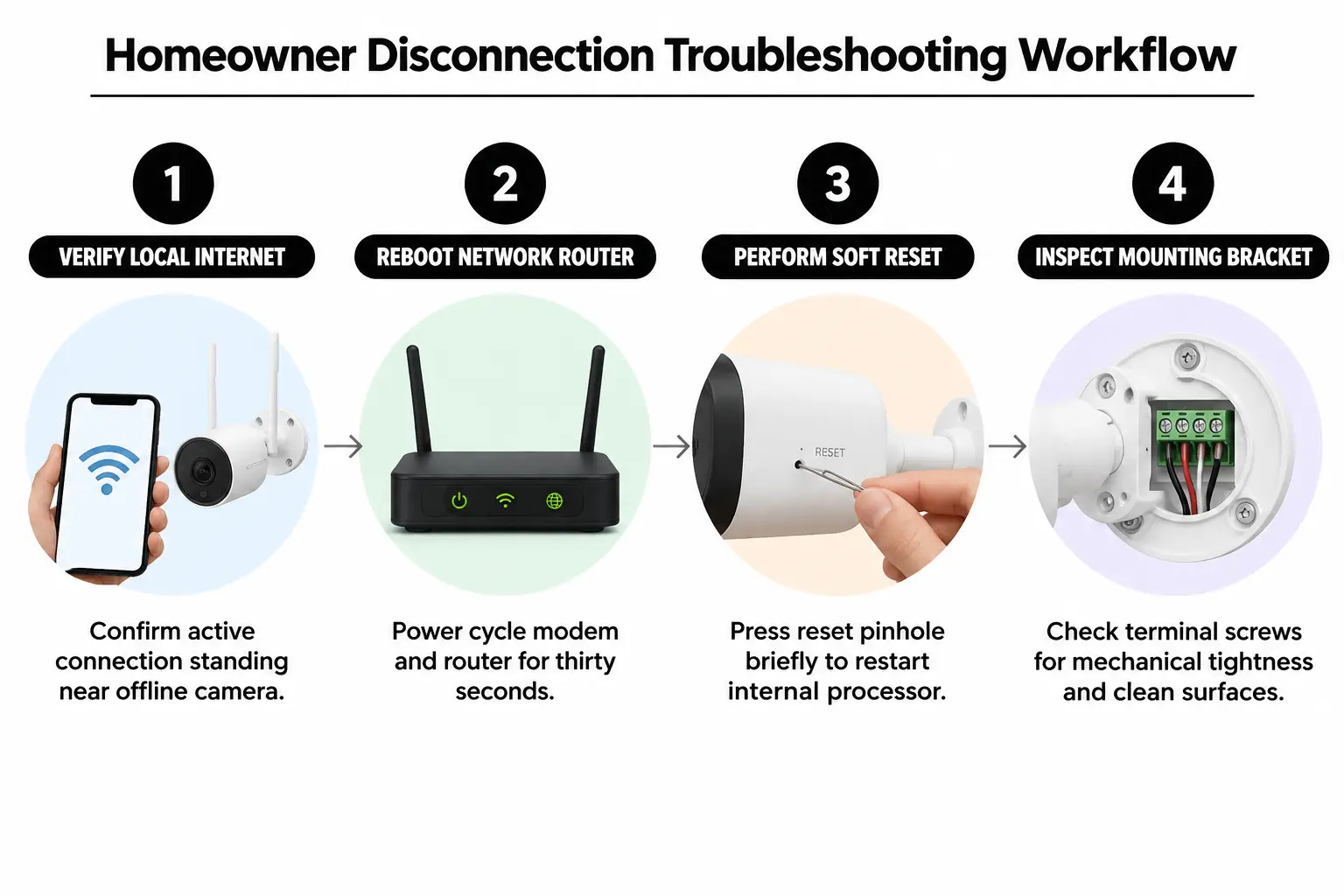 Step-by-step diagnostic workflow for resetting an offline security camera.