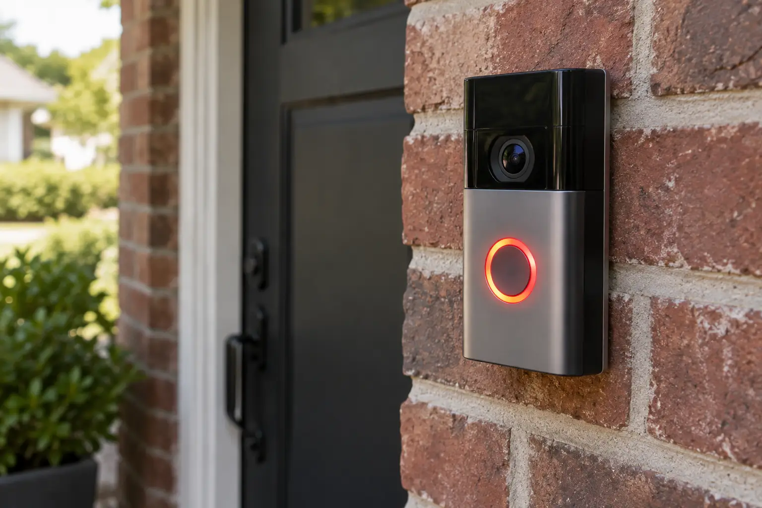 Smart security doorbell displaying an illuminated red indicator ring beside an exterior brick entryway.