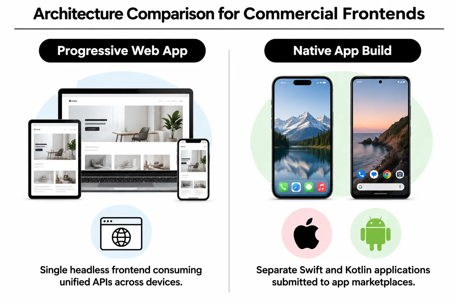 Architecture Comparison for Commercial Frontends Comparison between progressive web application architecture and dual native mobile development.