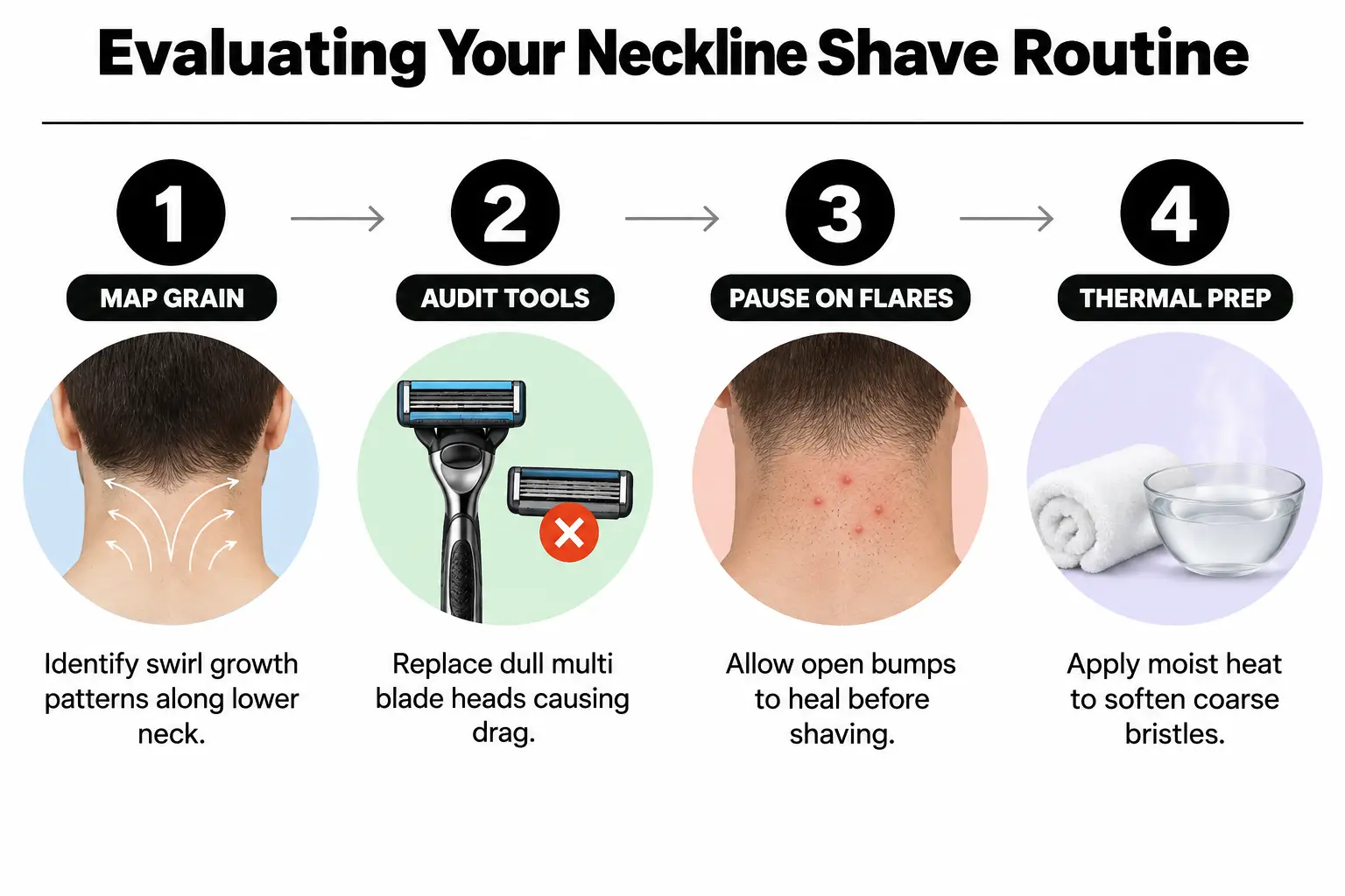 Step-by-step checklist for diagnosing razor bumps and selecting the proper shaving technique.