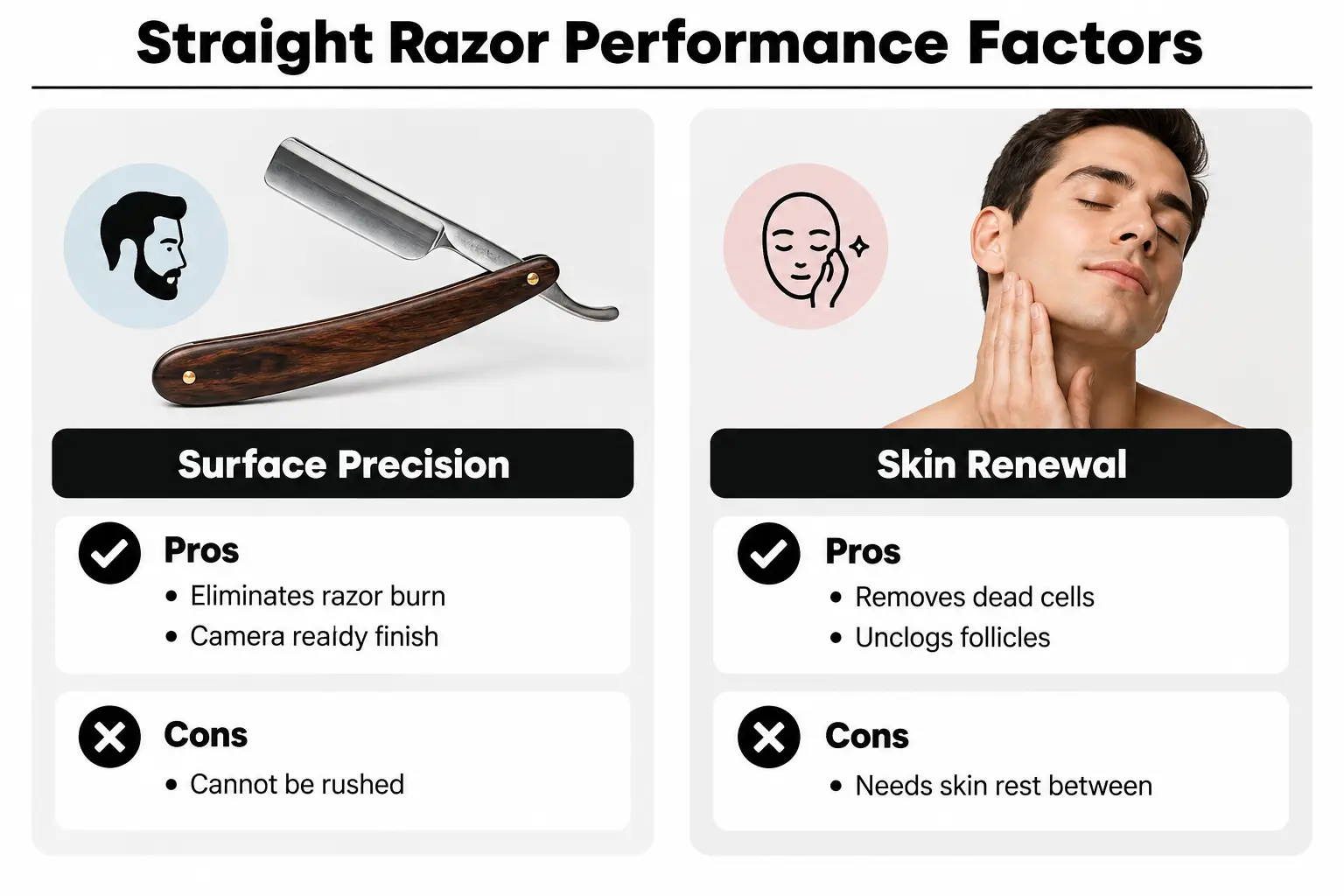 Evaluation diagram of straight razor benefits and upkeep requirements for sensitive skin.