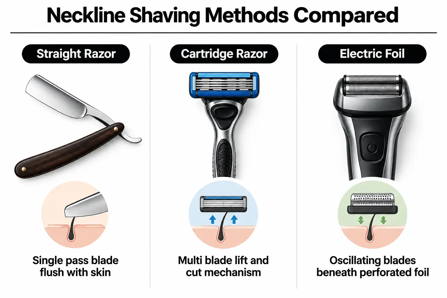 Table comparison showing straight razor versus multi blade cartridges for neck shaving irritation.